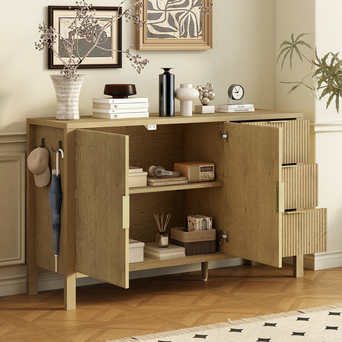 U-Style Modern Wave-Pattern Sideboard with 3 Drawers, Large Storage Buffet Cabinet with Hooks and Extra Center Leg,Suitable for Living Room,Entryway,Hallway. image 2