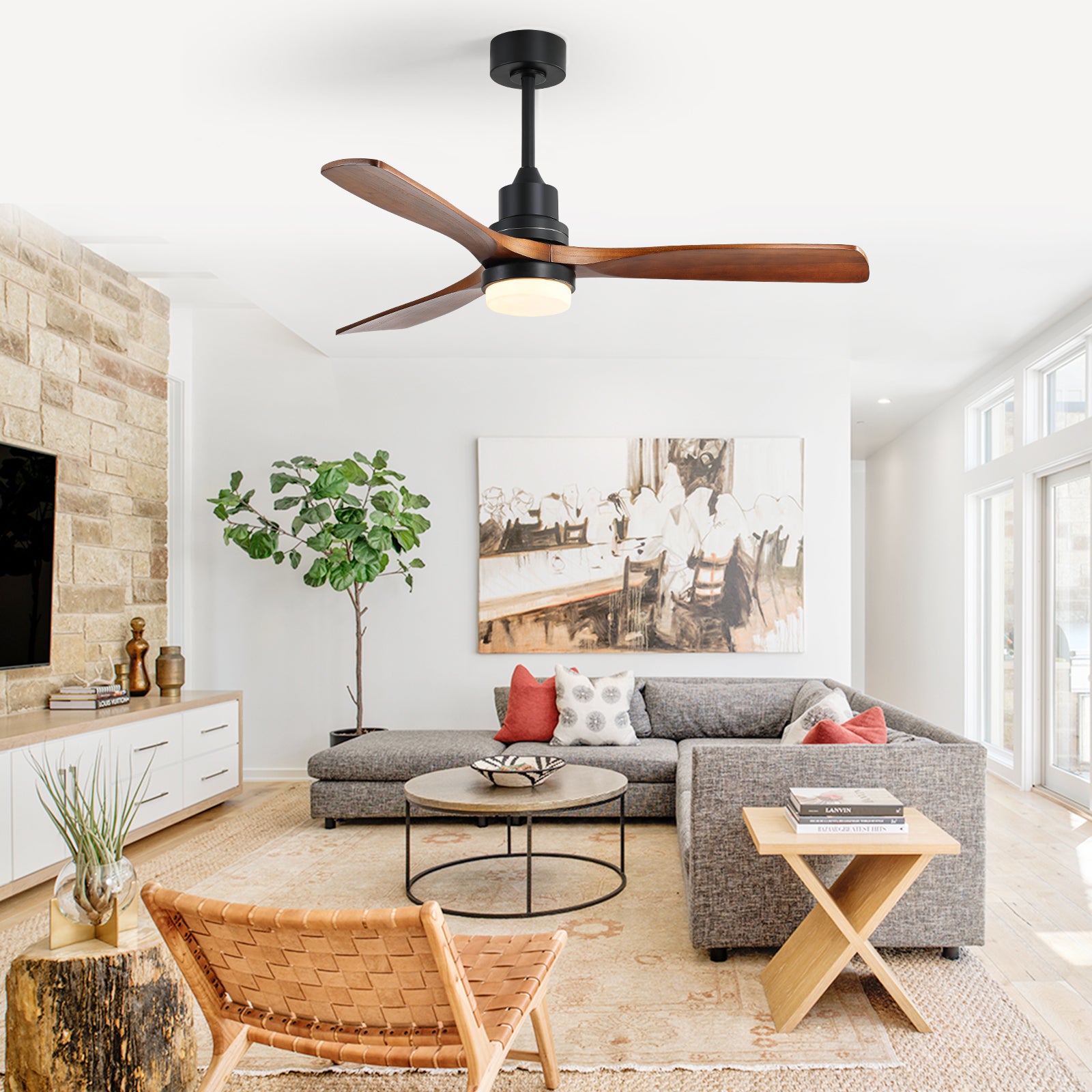 (Same as W882P368812) 52 Inch Indoor Ceiling Fan With Dimmable Led Light 3 Solid Wood Blades Remote Control Reversible DC Motor Black For Living Room image 4