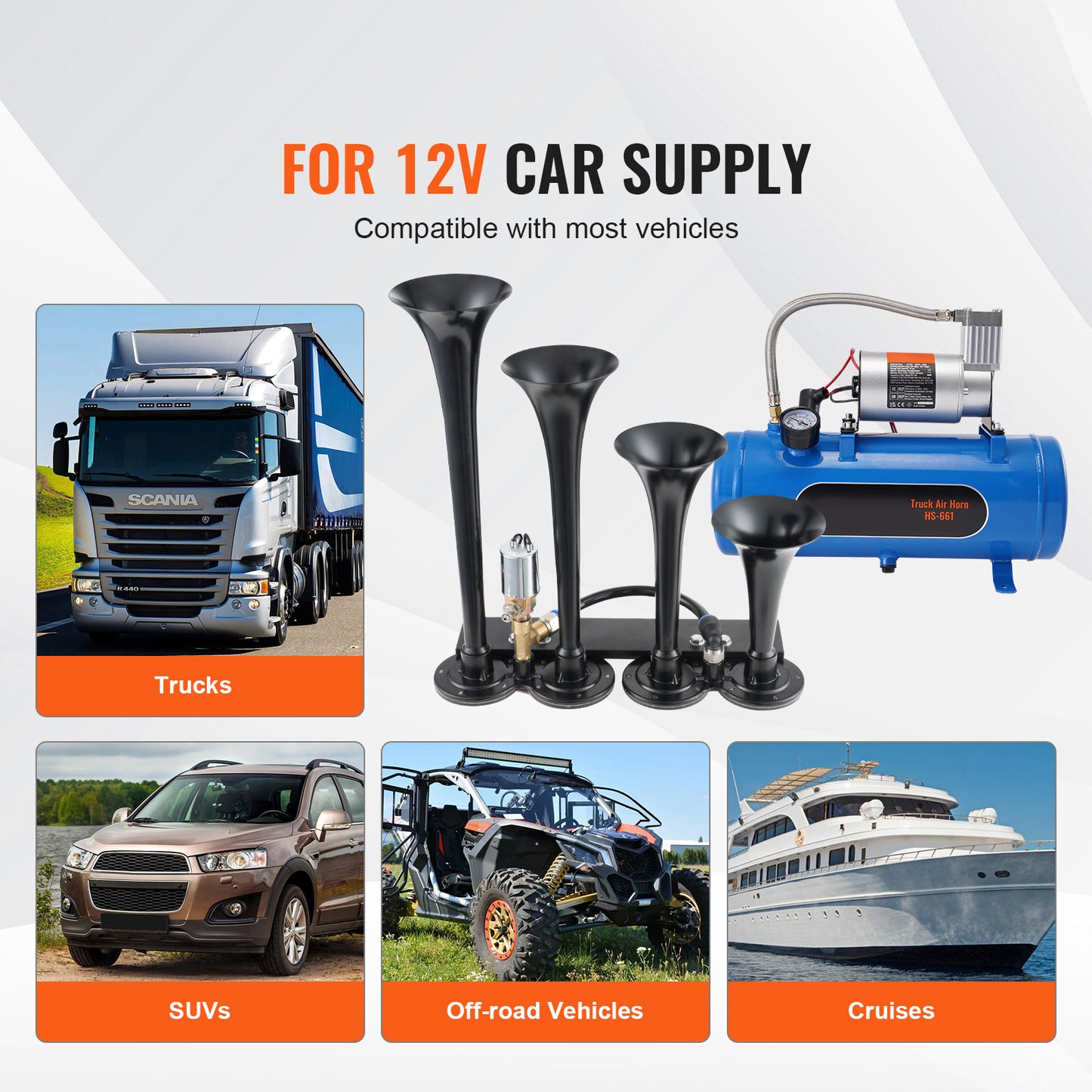Train Horns Kit, 4 Trumpet Air Horn Kit, 150dB Train Horns for Pickup Trucks, 12V 120 psi Air Compressor 1.6 Gal/6 L Tank with Gauge for Any 12V Vehicle Car Truck Train Van Boat image 6