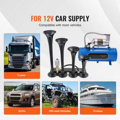 Train Horns Kit, 4 Trumpet Air Horn Kit, 150dB Train Horns for Pickup Trucks, 12V 120 psi Air Compressor 1.6 Gal/6 L Tank with Gauge for Any 12V Vehicle Car Truck Train Van Boat image 6