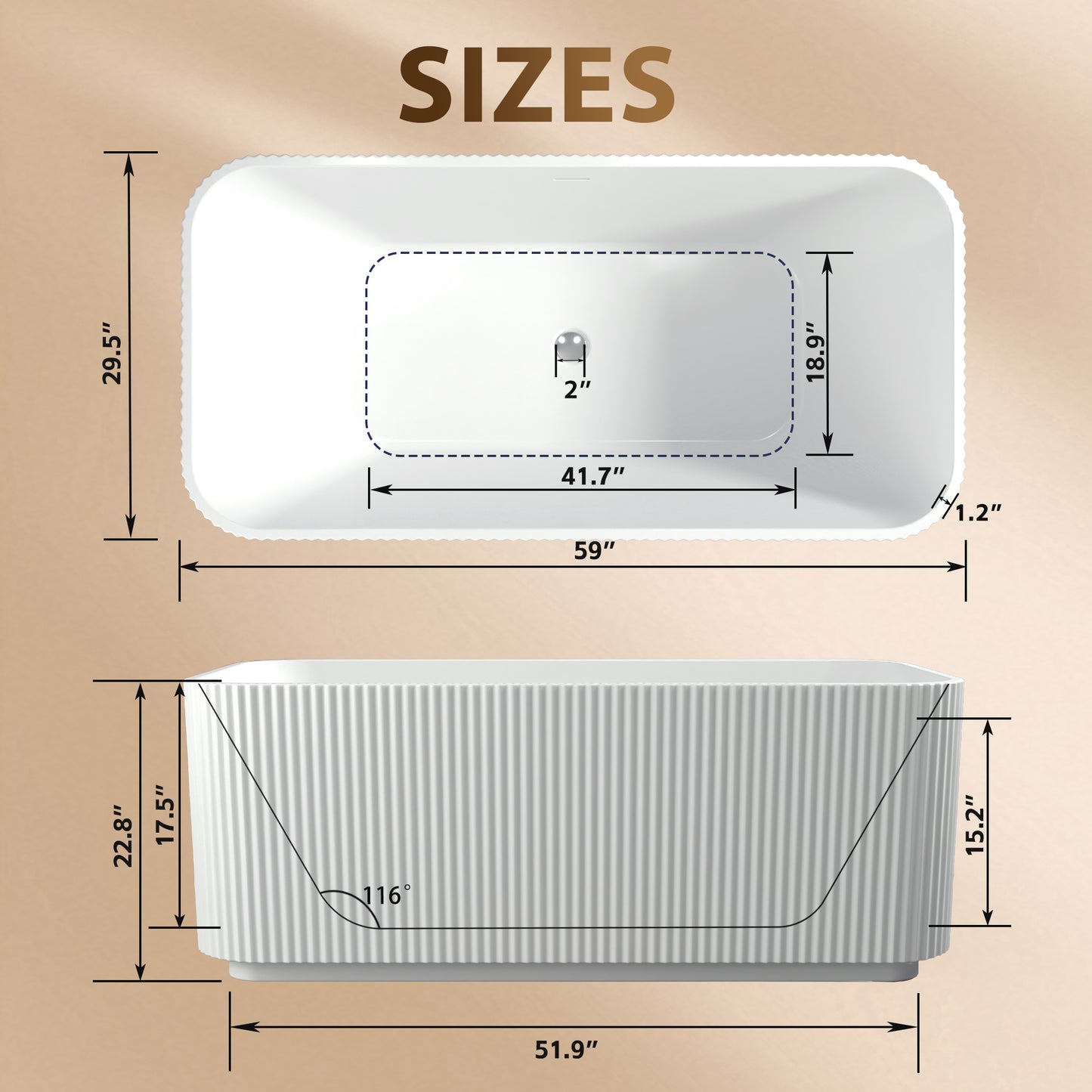 59"Rectangle Linear Acrylic Freestanding Bathtub Stand Alone Soaker Tub, Glossy White Acrylic, POP-UP Chrome Drain, cUPC Certified, image 5