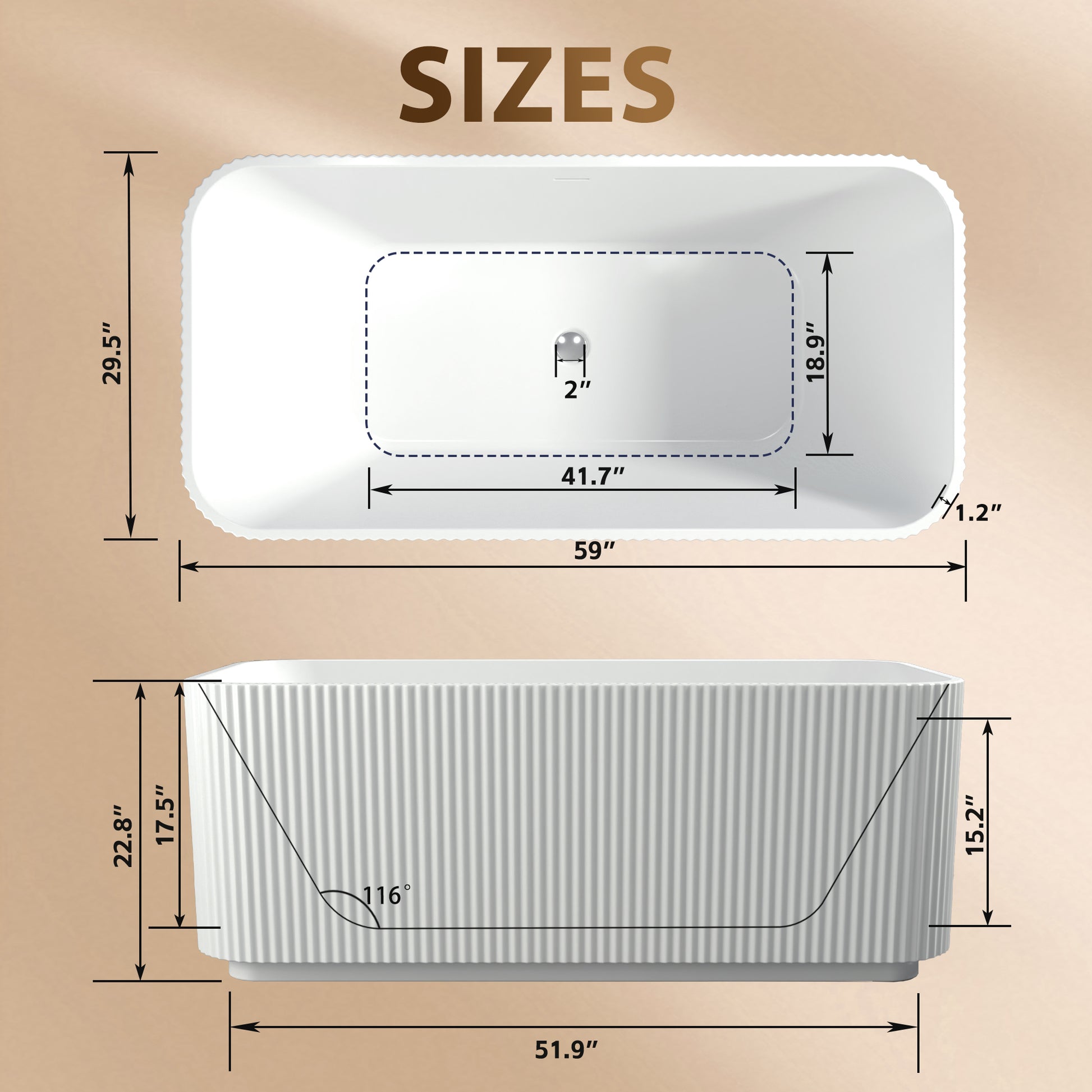 59"Rectangle Linear Acrylic Freestanding Bathtub Stand Alone Soaker Tub, Glossy White Acrylic, POP-UP Chrome Drain, cUPC Certified, image 5