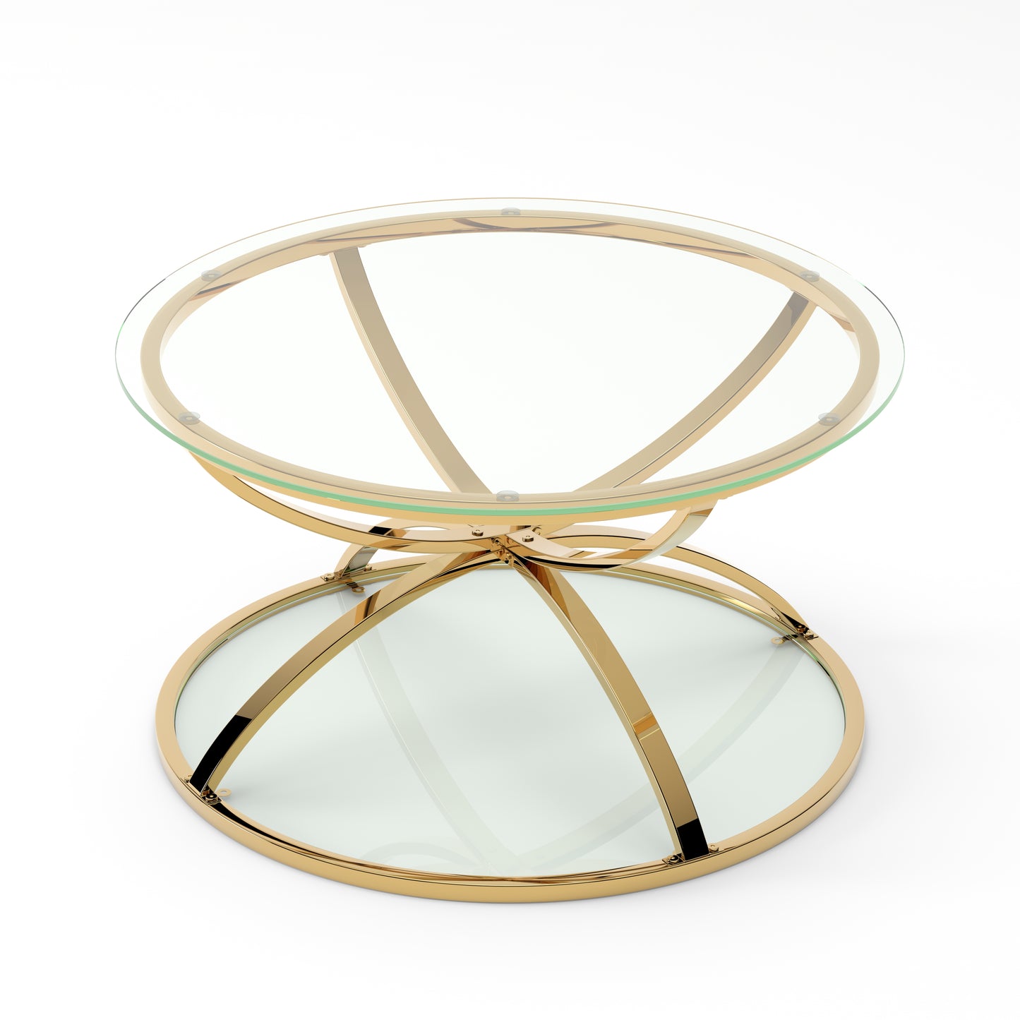 31.50'' Modern Glass Coffee Table with 2 Tiers, Ring-Shaped Frames, Metal Frame and Clear Tempered Glass, Round Coffee Table for Living Room, Bedroom and Office, Gold image 7