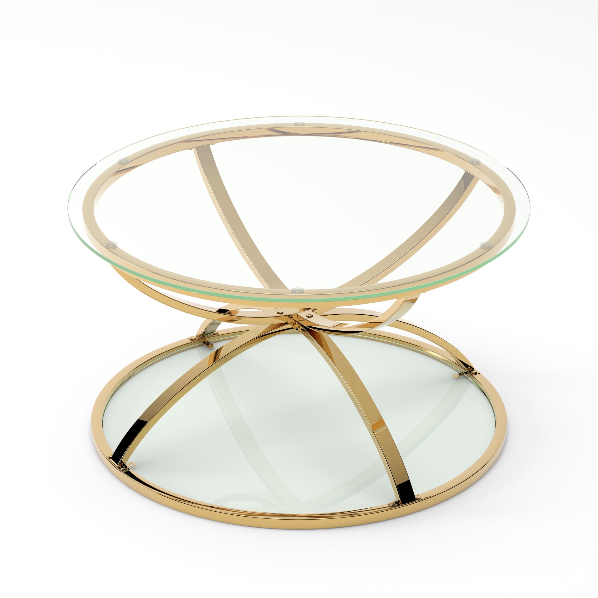 31.50'' Modern Glass Coffee Table with 2 Tiers, Ring-Shaped Frames, Metal Frame and Clear Tempered Glass, Round Coffee Table for Living Room, Bedroom and Office, Gold image 7