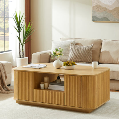 46.5"modern luxury oval coffee table with drawers and storage compartments, curved contour design, living room center coffee table, suitable for living rooms and offices, Natural, 46.5"L*27.2"W*17.7"H image 1