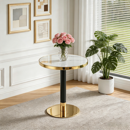 23.6" Round MDF sprayed with UV paint countertop, marble texture, stainless steel edging, metal table legs, modern light luxury edge/coffee table. image 1