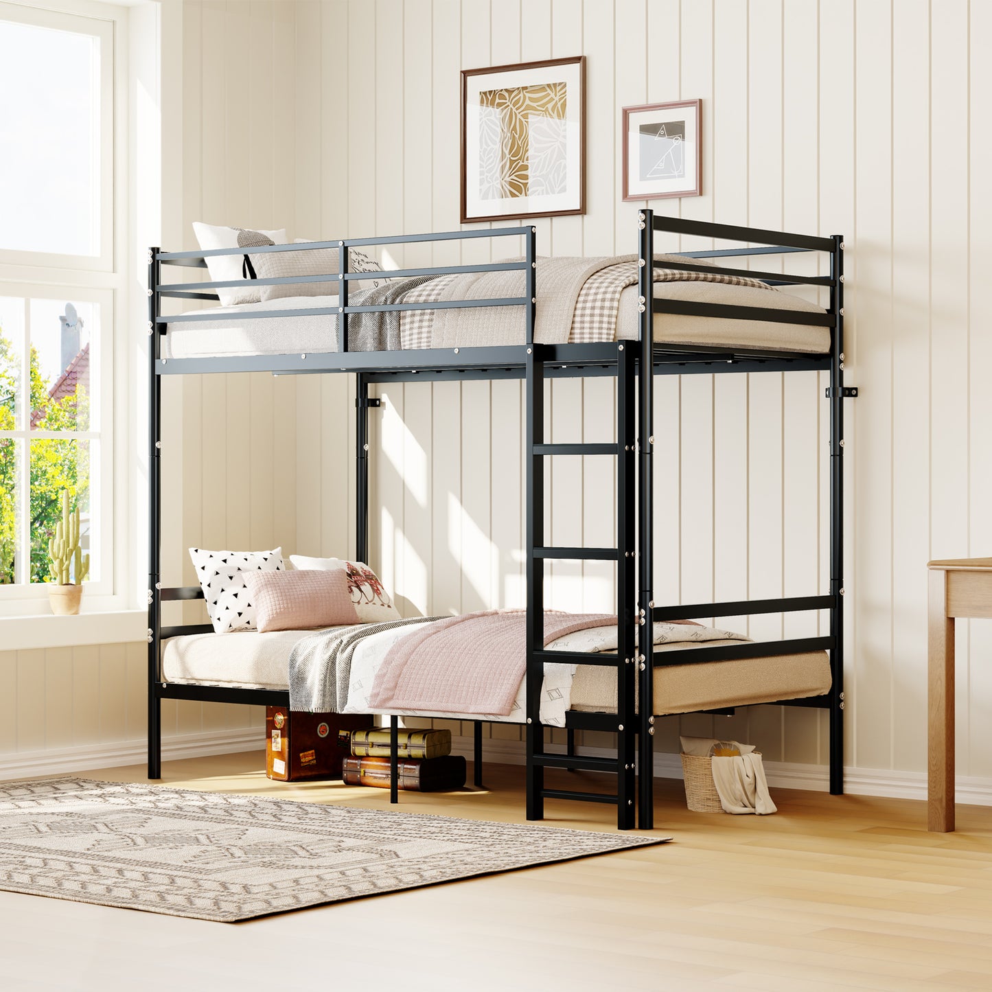 Bunk Bed Twin Over Twin for Kids/Teens/Adults Duty 2 Decker Bed with Flat Ladder, Metal Space Saver Bed with Stairs, Black image 1