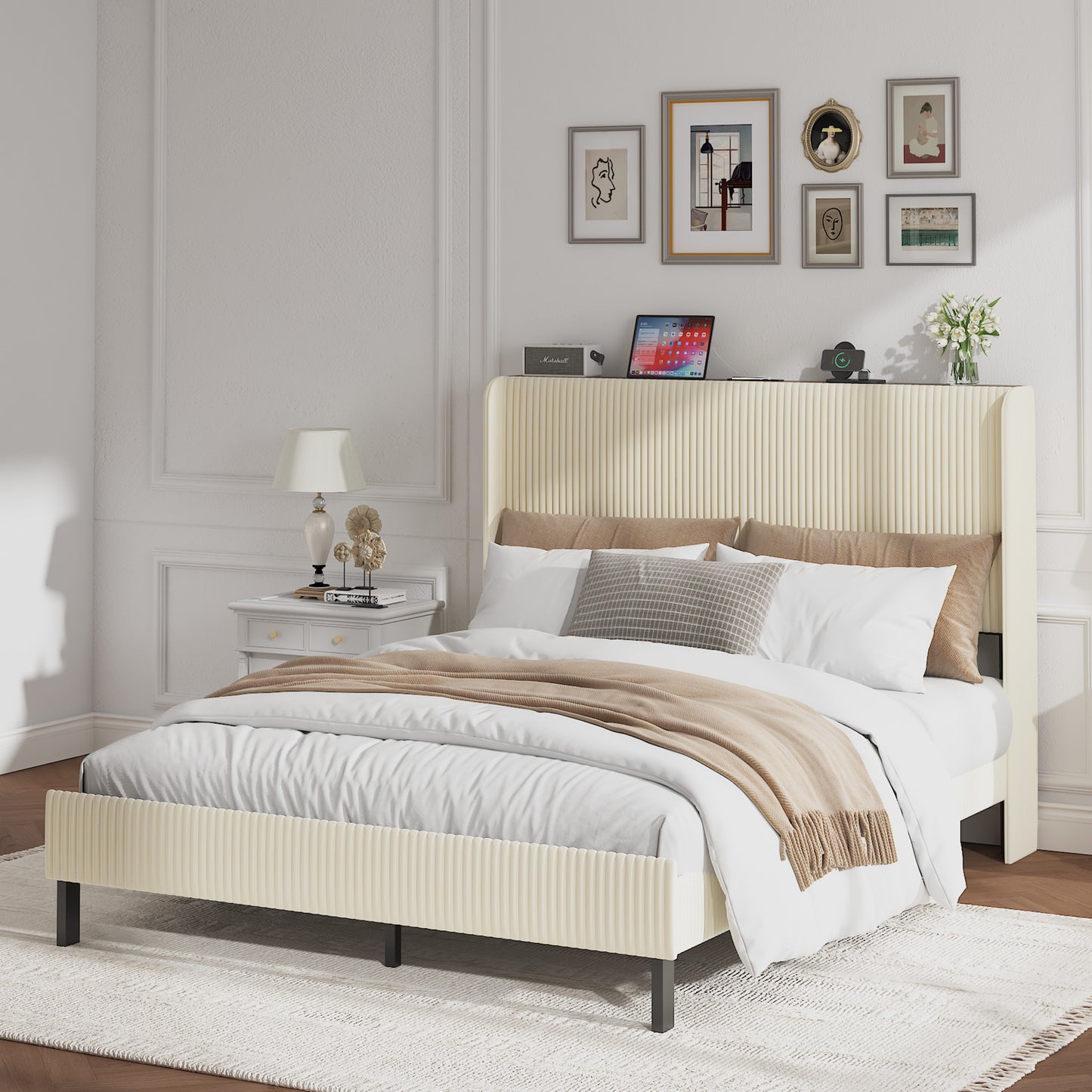 Queen Size Platform Bed, Metal Bed Frame with Charging Station, No Box Spring Needed, (Beige), Noise Free,Easy Assemble. image 11
