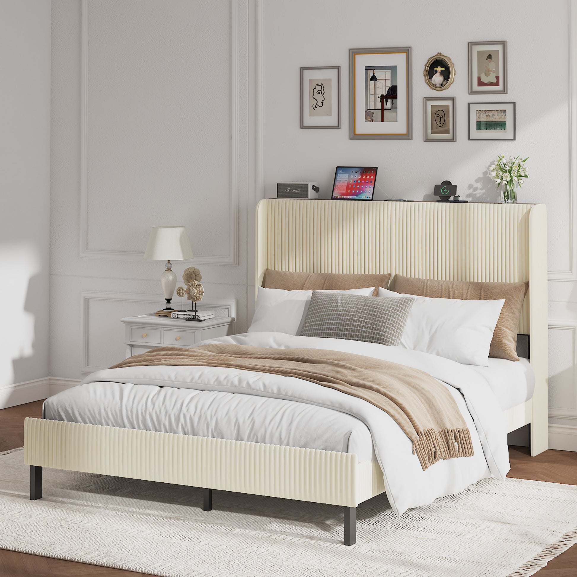 Queen Size Platform Bed, Metal Bed Frame with Charging Station, No Box Spring Needed, (Beige), Noise Free,Easy Assemble. image 11
