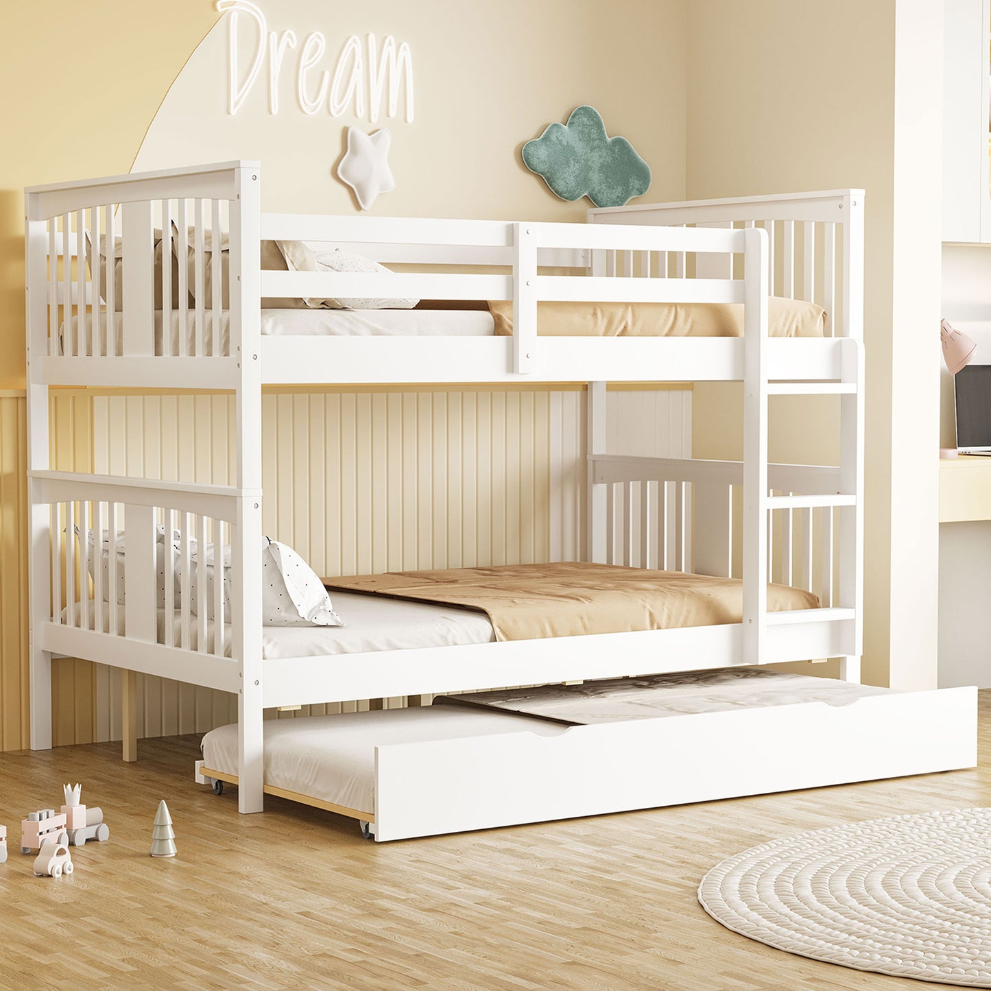 Full over Full Bunk Bed with Twin Size Trundle and Ladder-White(Old SKU: LT000204AAK) image 2
