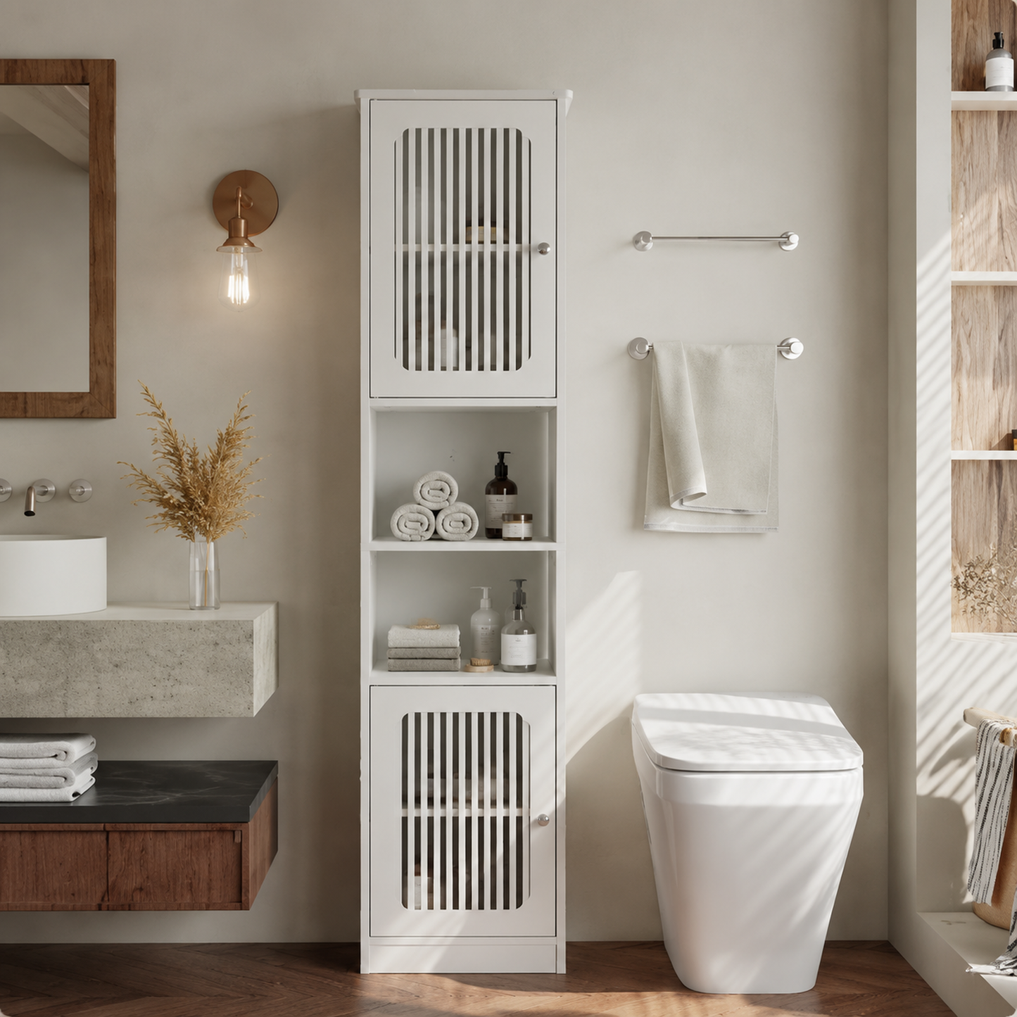 64-Inch Bathroom tall cabinet with adjustable drawer shelves, louvered door floor-standing storage unit, multi-tiered vertical narrow storage cabinet for bathroom, white. image 12