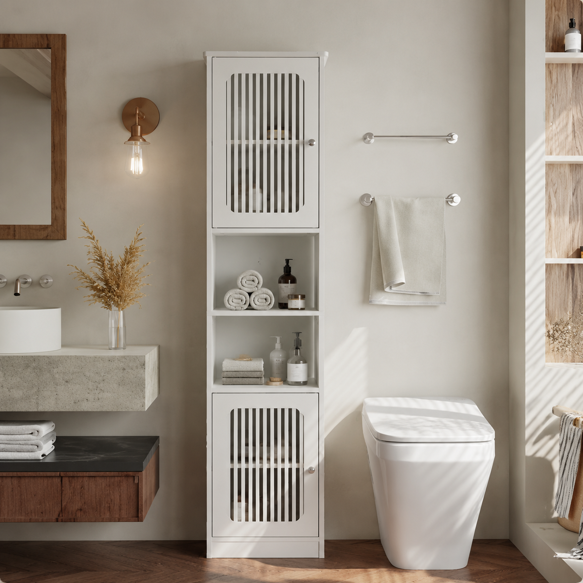 64-Inch Bathroom tall cabinet with adjustable drawer shelves, louvered door floor-standing storage unit, multi-tiered vertical narrow storage cabinet for bathroom, white. image 12