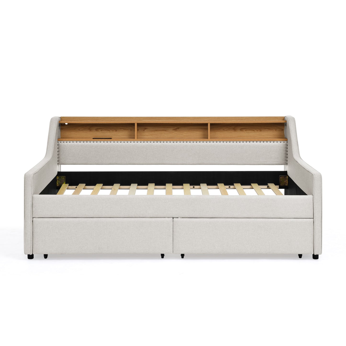 Twin Size Upholstery Sofa Bed with Three LED lights, with Storage Adjustable Headboard, with Two Storage Pull Up drawers and Wireless Charging, Linen Padded Sofa Bed frame, Beige image 6