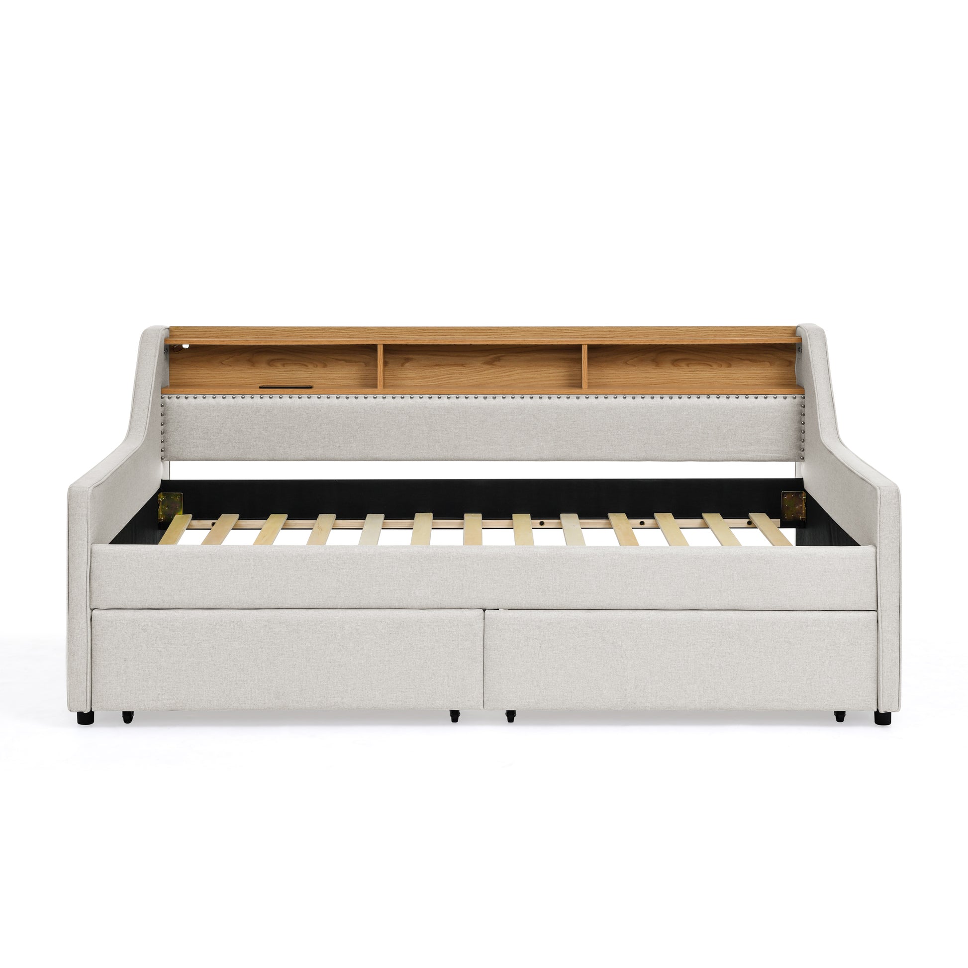Twin Size Upholstery Sofa Bed with Three LED lights, with Storage Adjustable Headboard, with Two Storage Pull Up drawers and Wireless Charging, Linen Padded Sofa Bed frame, Beige image 6
