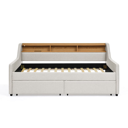 Twin Size Upholstery Sofa Bed with Three LED lights, with Storage Adjustable Headboard, with Two Storage Pull Up drawers and Wireless Charging, Linen Padded Sofa Bed frame, Beige image 6