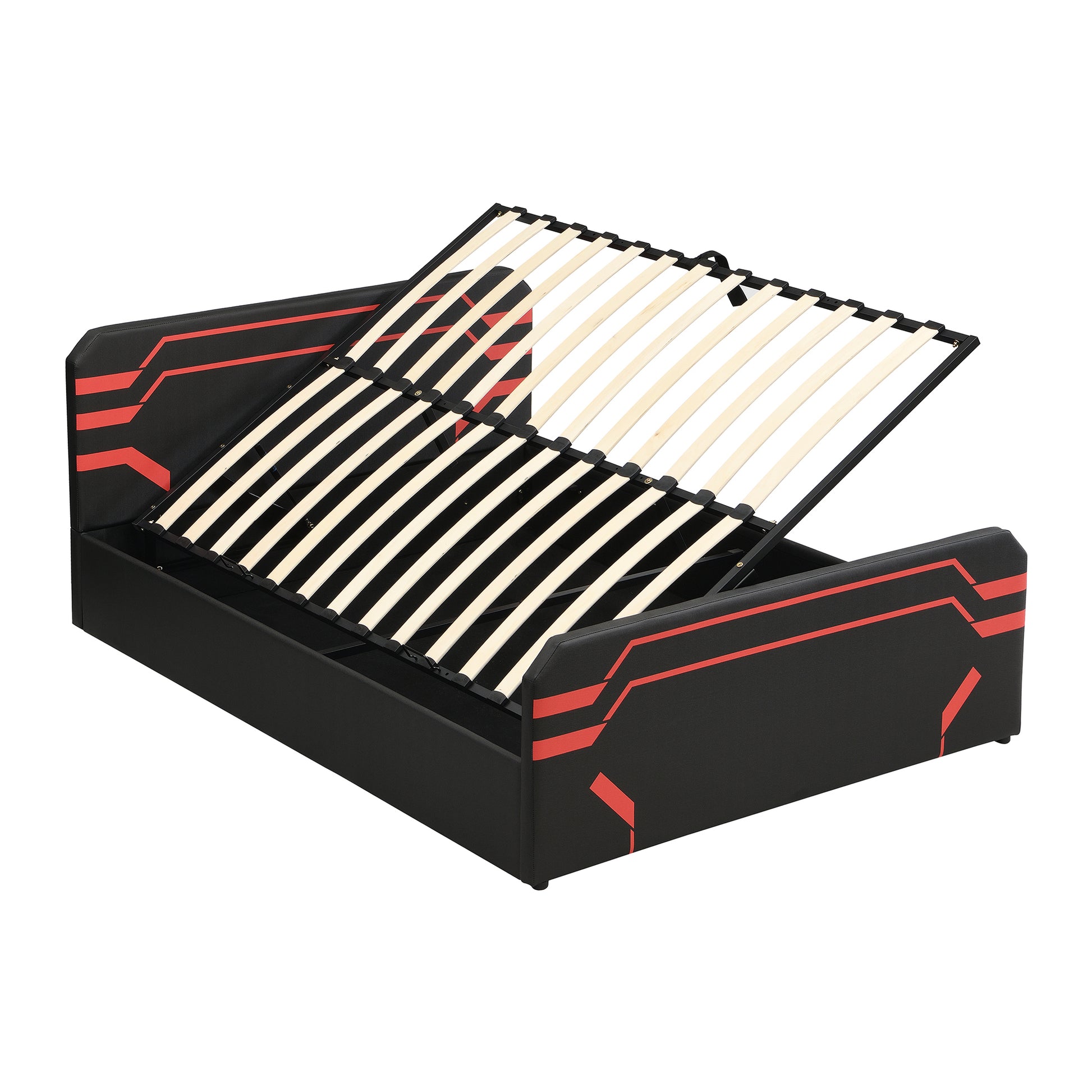 Queen Size Upholstered Gaming Bed with Side-Lift Hydraulic Storage System, Cyberpunk Style Platform Bed with Futuristic Pattern for Gamers & Gen Z, Black+Red image 8