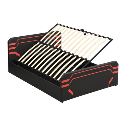 Queen Size Upholstered Gaming Bed with Side-Lift Hydraulic Storage System, Cyberpunk Style Platform Bed with Futuristic Pattern for Gamers & Gen Z, Black+Red image 8