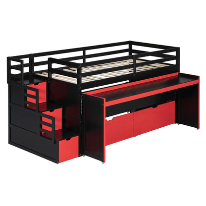 Twin XL Loft Bed with Pull-Out Desk and Twin Trundle, Multi-Functional Bunk Bed with 2 Storage Drawers and Storage Steps, Space-Saving Gaming & Workstation Bedframe, Black+Red image 11