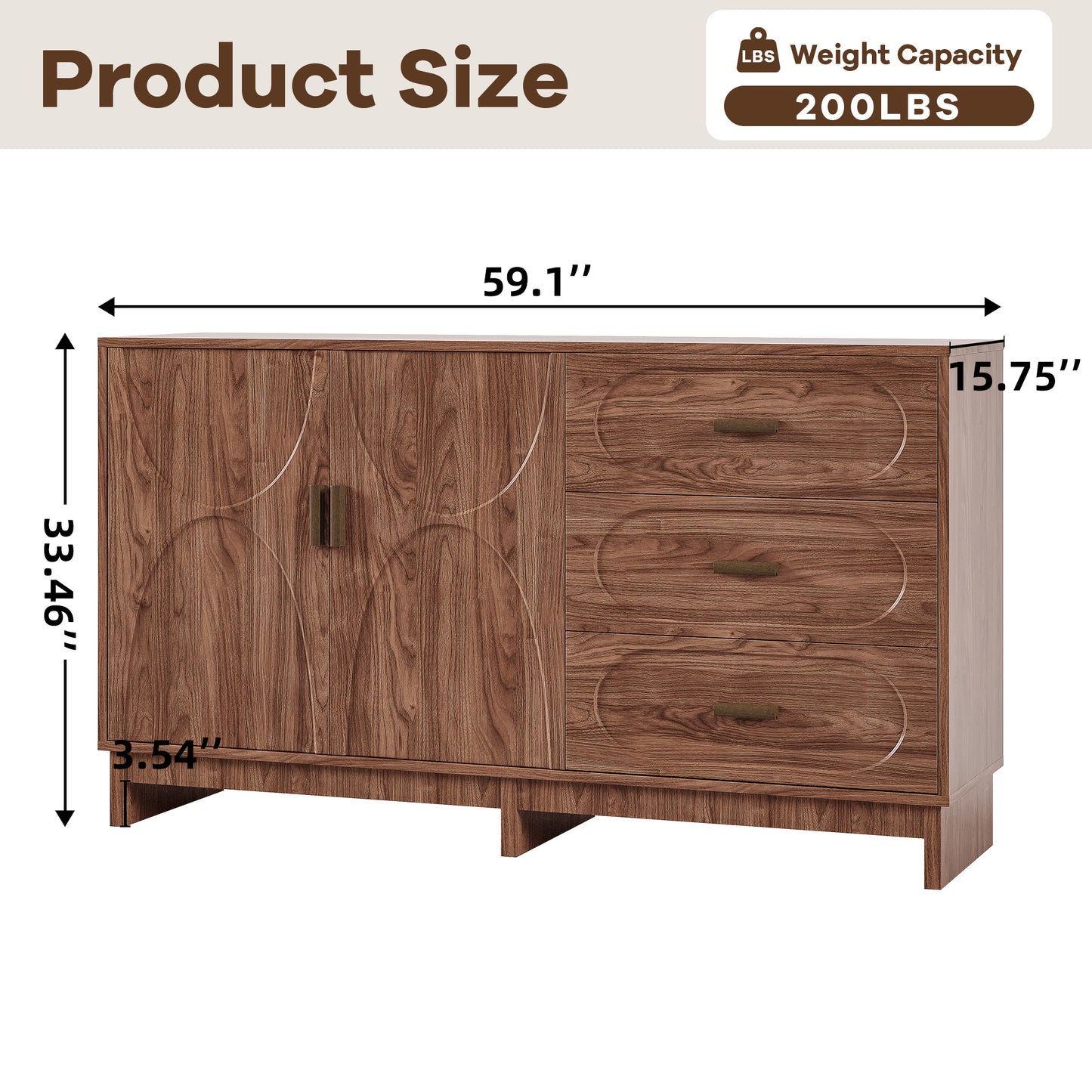 59.1" Buffet Sideboard with 2 Doors and 3 Drawers, Walnut Finish with Oval Grain Texture, Farmhouse Storage Cabinet for Dining Room Living Room Hallway, Large Space Accent Furniture, Easy Assembly image 5