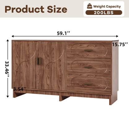 59.1" Buffet Sideboard with 2 Doors and 3 Drawers, Walnut Finish with Oval Grain Texture, Farmhouse Storage Cabinet for Dining Room Living Room Hallway, Large Space Accent Furniture, Easy Assembly image 5