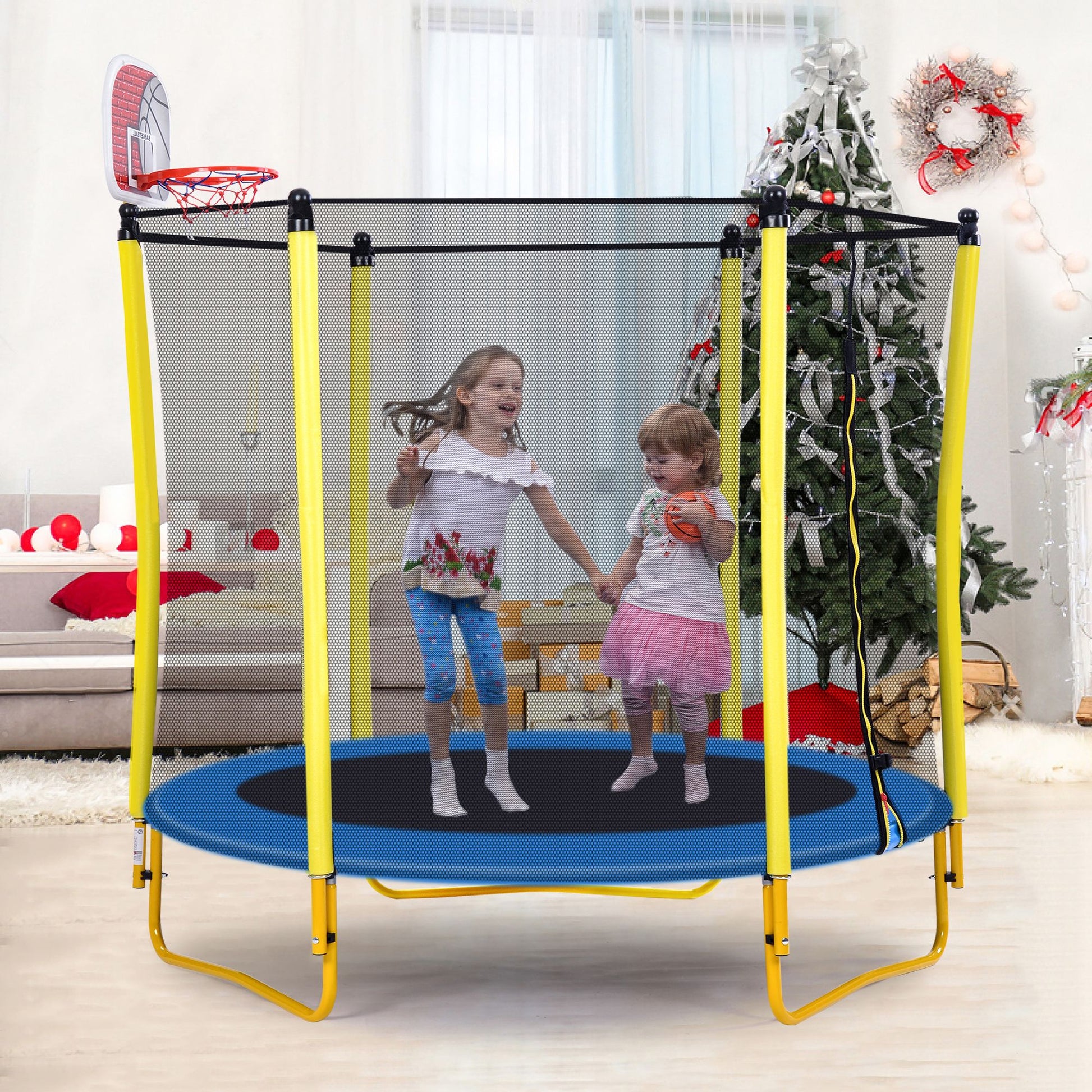 5.5FT Trampoline for Kids - 65" Outdoor & Indoor Mini Toddler Trampoline with Enclosure, Basketball Hoop and Ball Includ image 2