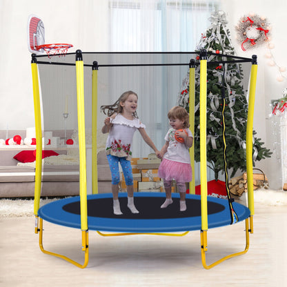 5.5FT Trampoline for Kids - 65" Outdoor & Indoor Mini Toddler Trampoline with Enclosure, Basketball Hoop and Ball Includ image 2