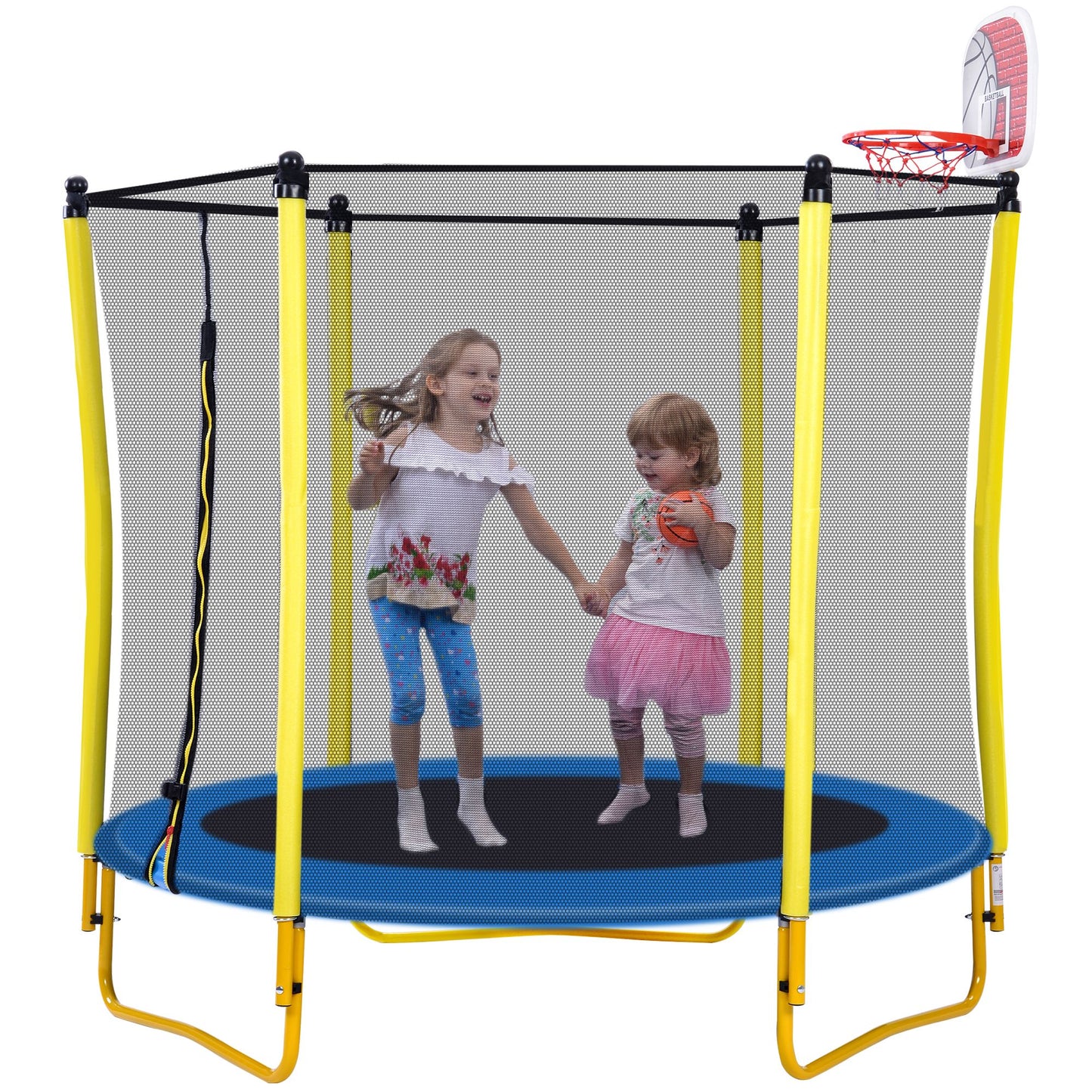 5.5FT Trampoline for Kids - 65" Outdoor & Indoor Mini Toddler Trampoline with Enclosure, Basketball Hoop and Ball Includ image 1