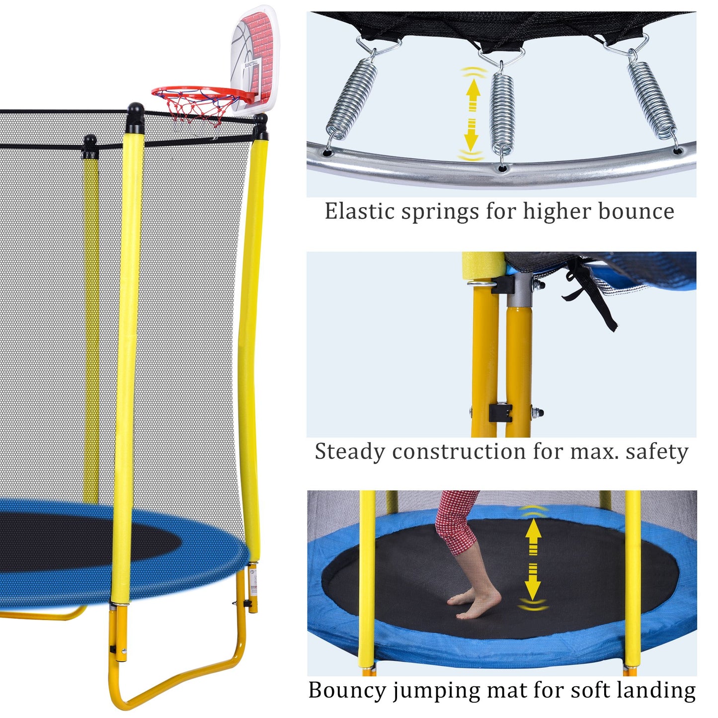 5.5FT Trampoline for Kids - 65" Outdoor & Indoor Mini Toddler Trampoline with Enclosure, Basketball Hoop and Ball Includ image 11