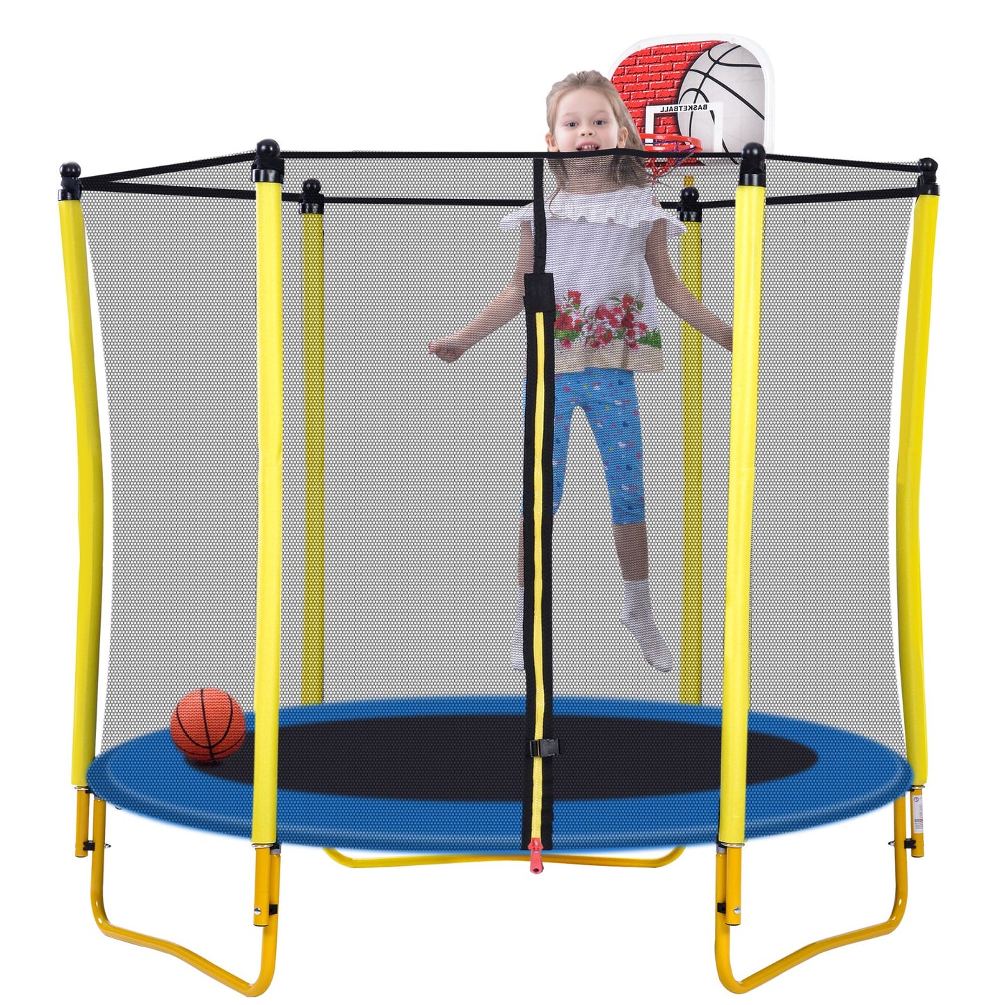 5.5FT Trampoline for Kids - 65" Outdoor & Indoor Mini Toddler Trampoline with Enclosure, Basketball Hoop and Ball Includ image 8