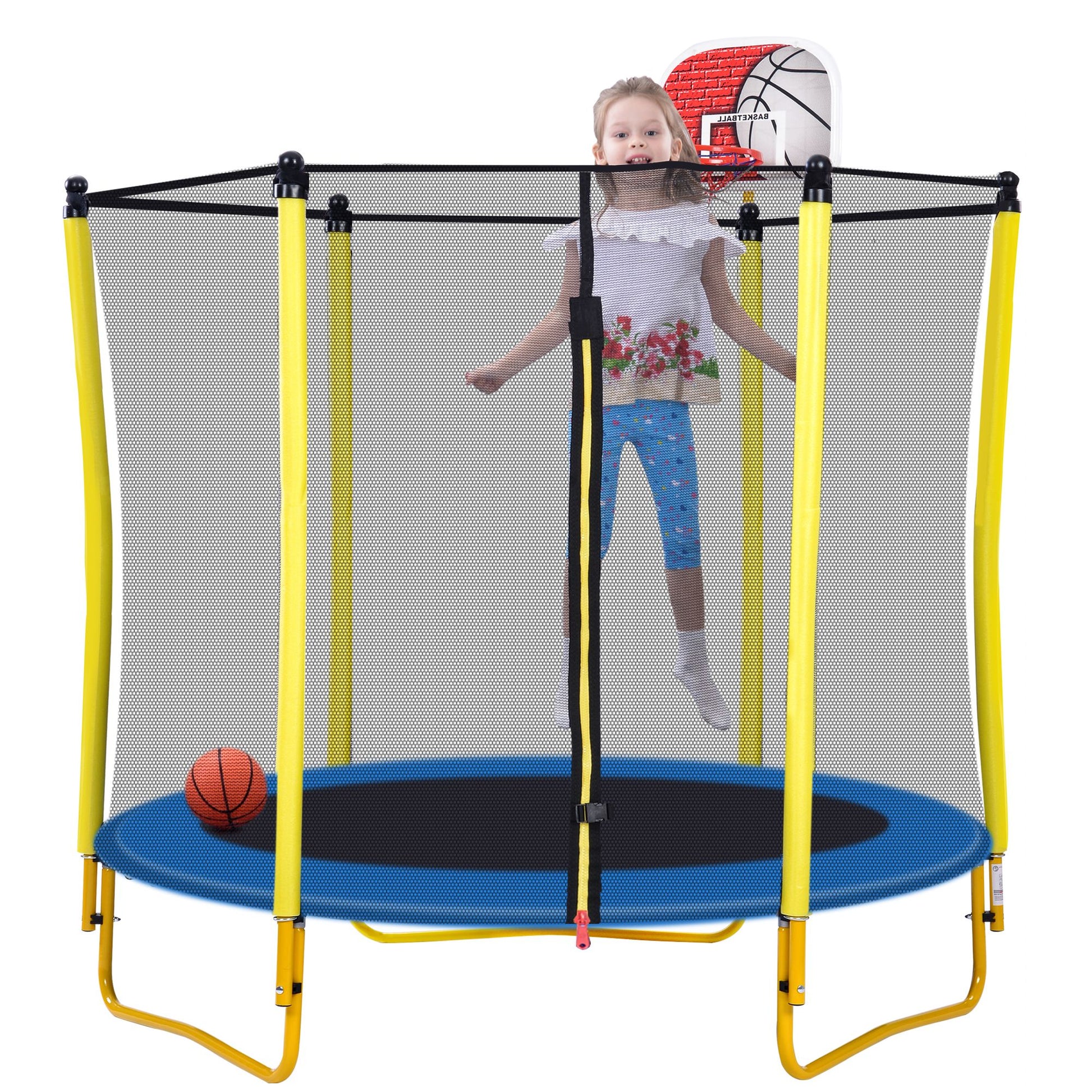 5.5FT Trampoline for Kids - 65" Outdoor & Indoor Mini Toddler Trampoline with Enclosure, Basketball Hoop and Ball Includ image 8
