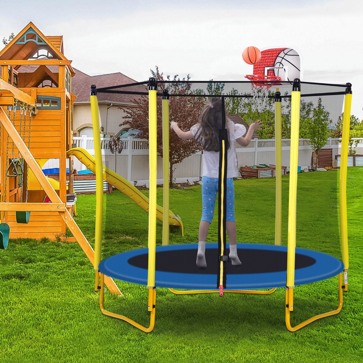 5.5FT Trampoline for Kids - 65" Outdoor & Indoor Mini Toddler Trampoline with Enclosure, Basketball Hoop and Ball Includ image 3