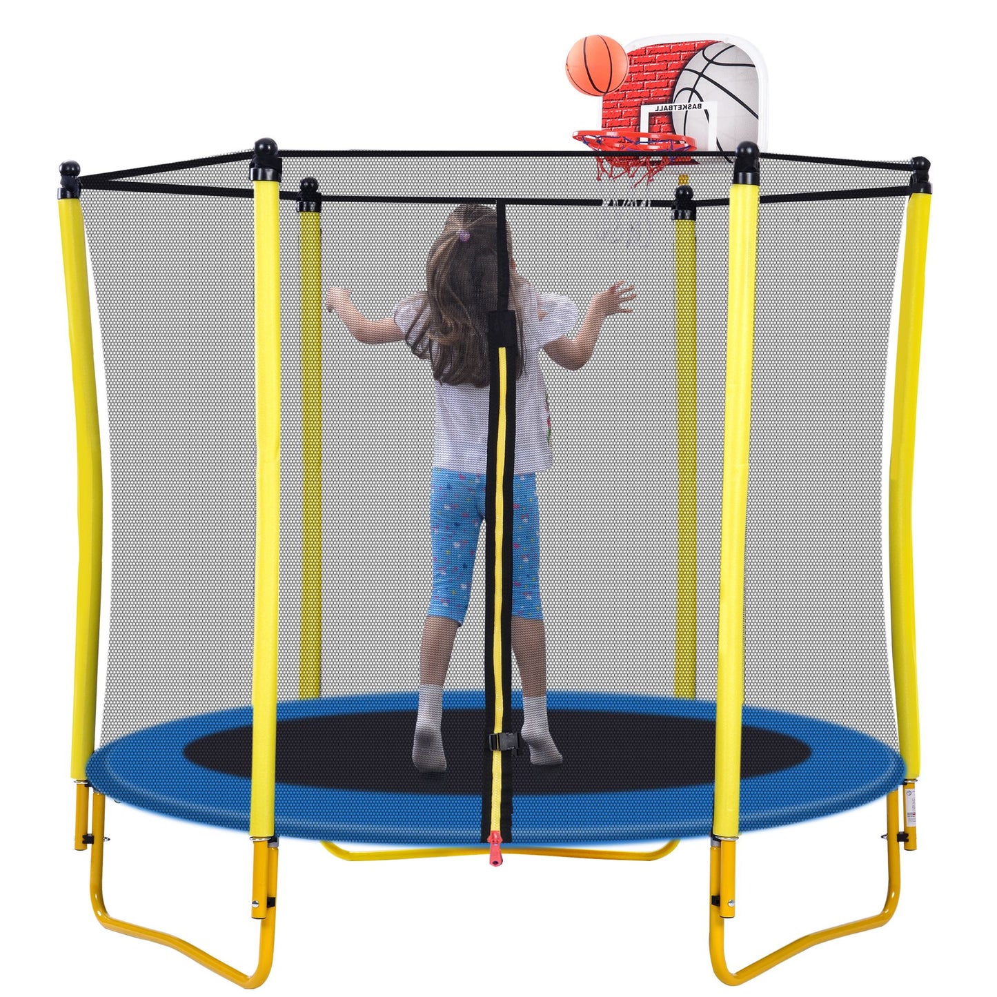 5.5FT Trampoline for Kids - 65" Outdoor & Indoor Mini Toddler Trampoline with Enclosure, Basketball Hoop and Ball Includ image 14