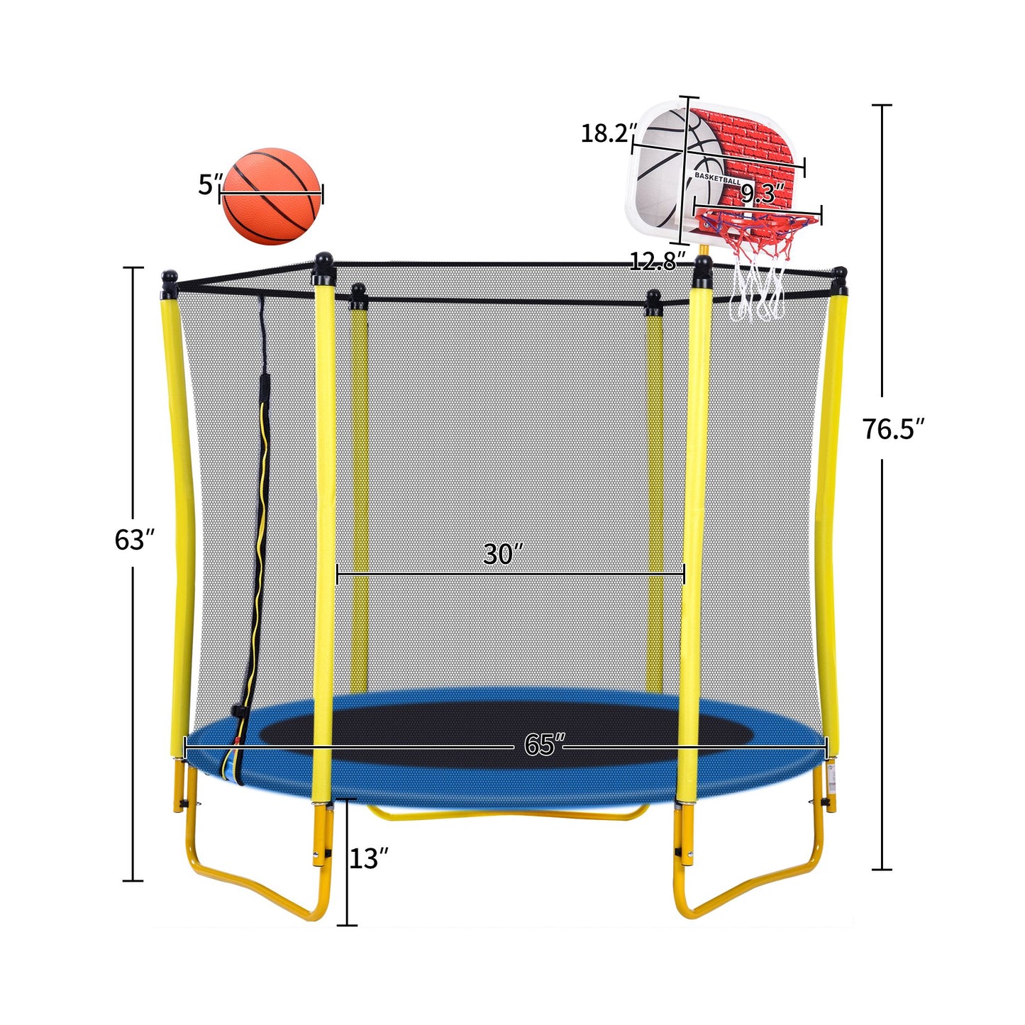 5.5FT Trampoline for Kids - 65" Outdoor & Indoor Mini Toddler Trampoline with Enclosure, Basketball Hoop and Ball Includ image 6