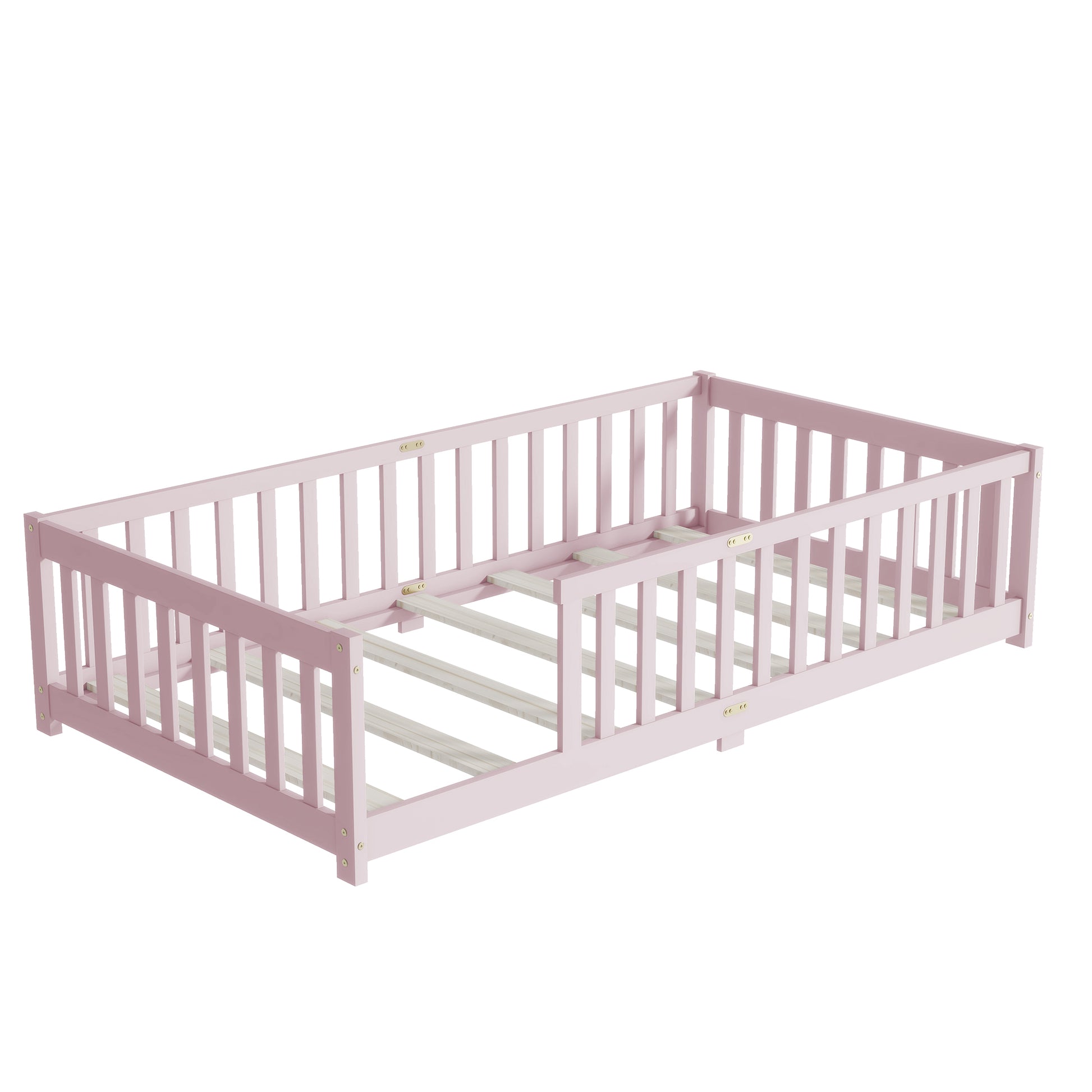 Twin Size Floor Bed with Fence without Door, Rubber Wood Floor Bed with Safety Guardrails,Pink (Old Sku W504P286399) image 10