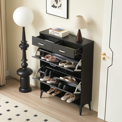 Large size Shoe Cabinet,Free Standing Tipping Bucket Shoe Rack Organizer with 2 Flip Drawers&2 Drawer,Modern Tipping Bucket for Entryway,Hallway,Bedroom-black image 2
