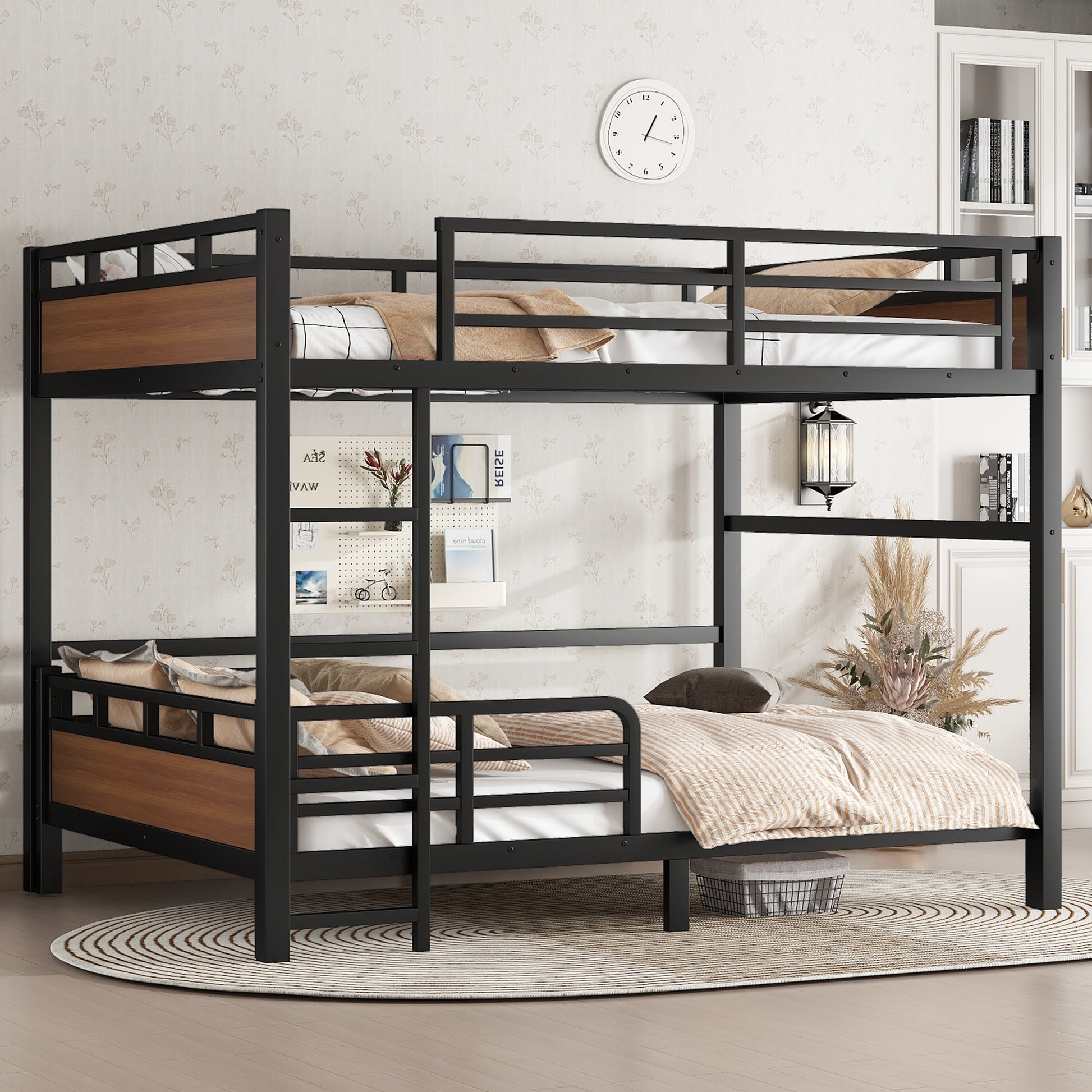 Queen over Queen Metal Bunk Bed/Metal Loft Bed,Separable Bunk Beds,with raised security fence,Walnut Color image 2