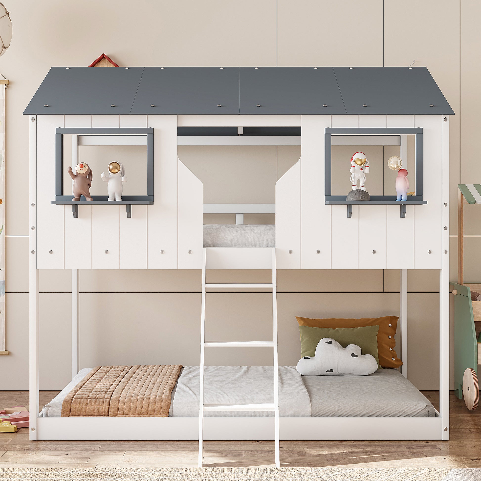 Twin Over Twin Bunk Bed Wood Bed with Roof, Window, Guardrail, Ladder (White)(OLD SKU: LT000045AAK-1) image 2