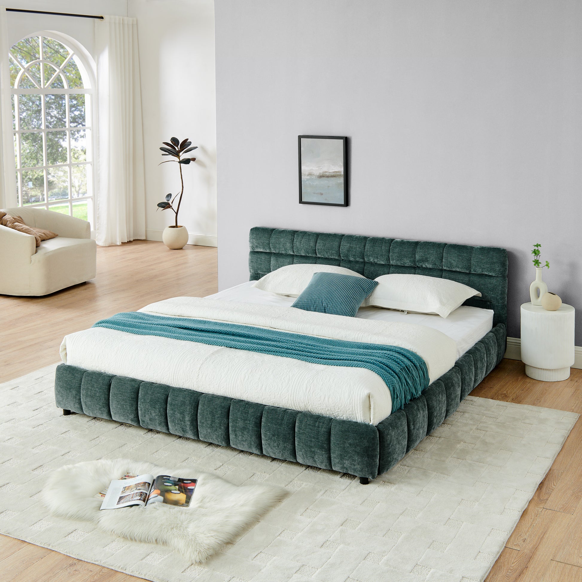 King Size Upholstered Bed,comfortable upholstered bed frame, Chenille fabric, with headboard and solid bed frame. With drawer for storage-green(88.5''*85.5''*31'') image 2