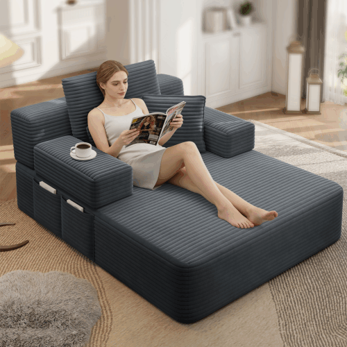 Luxurious Plush Corduroy Chaise Lounge with 3 Pillows, Convertible Sofa Bed with Storage Pocket, Frameless Design & Compression Foam for Small Spaces, Living Room, Apartment,Dark Gray image 3