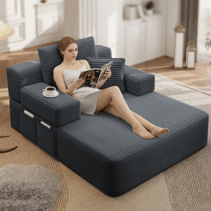 Luxurious Plush Corduroy Chaise Lounge with 3 Pillows, Convertible Sofa Bed with Storage Pocket, Frameless Design & Compression Foam for Small Spaces, Living Room, Apartment,Dark Gray image 3