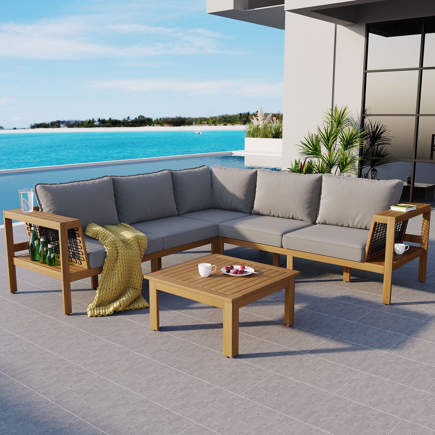 <Old SKU: N704G201249E> 4 Pieces Outdoor Acacia Wood Sofa Set, Woven Mesh Armrests, L-Shaped Patio Furniture Sofa Set with Coffee Table, Outdoor Conversation Set with Gray Cushions and Side Table image 3