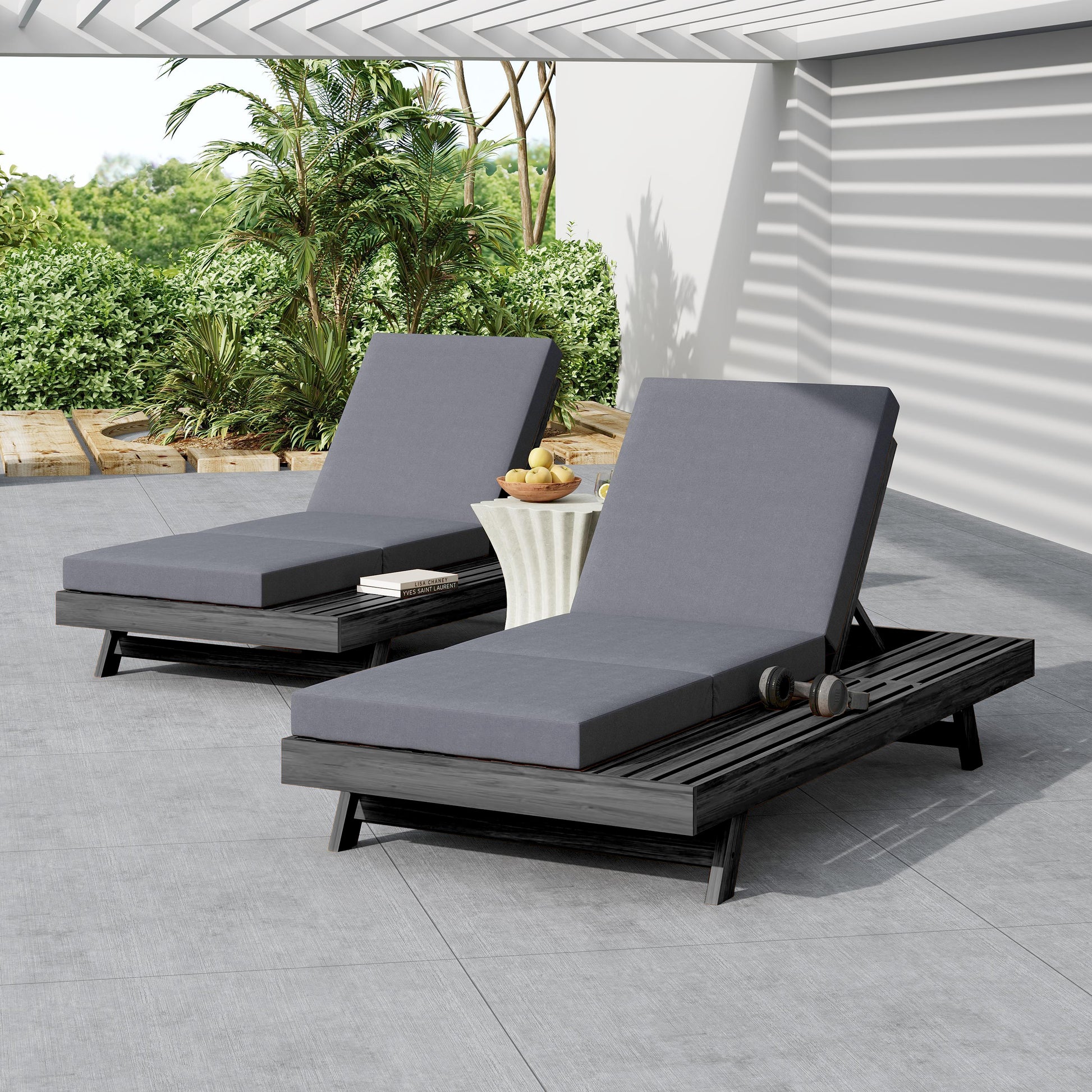 Lounge Chaise Set, Space Available On One Side, Acacia Solid Wood In Black With Lounge Cushion (Dark Grey & Triple Fold) – Matching Cream Version Available image 6
