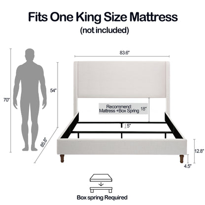Hayden Upholstered Wingback Bed Size King / Tall 54" Headboard Upholstered King Bed / Without Wooden Slats / Box Spring Required / King / Textured Ivory Canvas / Elegant Simplicity / Easy Assembly image 11