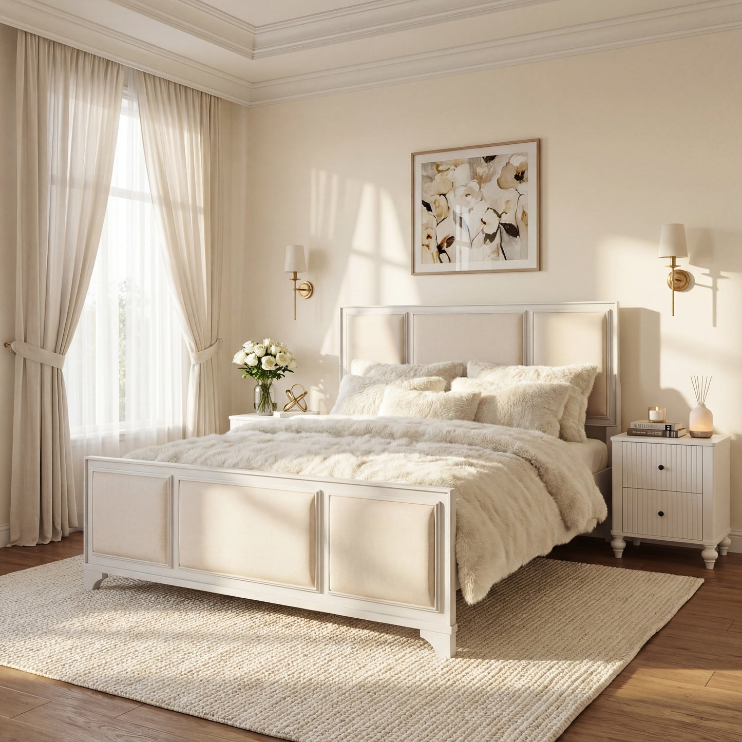 Queen Size Wooden Bed Frame with Upholstered Headboard, White Wood & Beige Fabric, Solid Wood Platform, Modern Farmhouse Style image 3