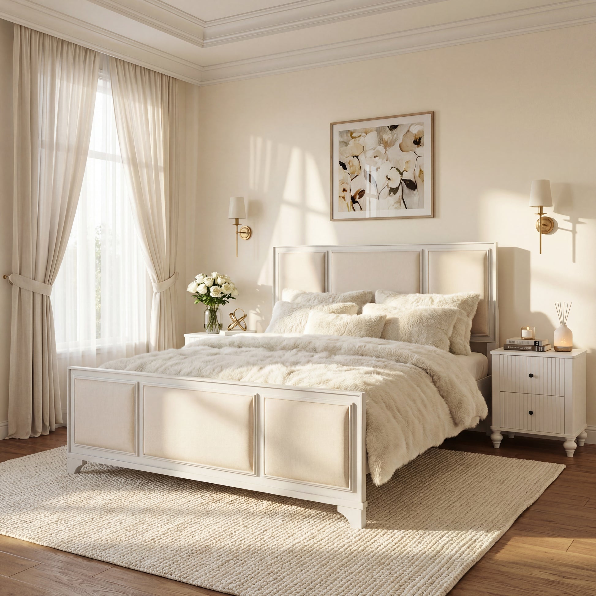 Queen Size Wooden Bed Frame with Upholstered Headboard, White Wood & Beige Fabric, Solid Wood Platform, Modern Farmhouse Style image 3