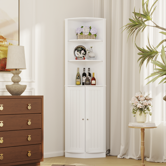 67" Tall Corner Cabinet with 2 Doors and Adjustable Shelves, Narrow Freestanding Storage Cabinet Organizer, Corner Storage Cabinets for Bathroom, Kitchen, Living Room, Bedroom, Laundry Room, White image 1
