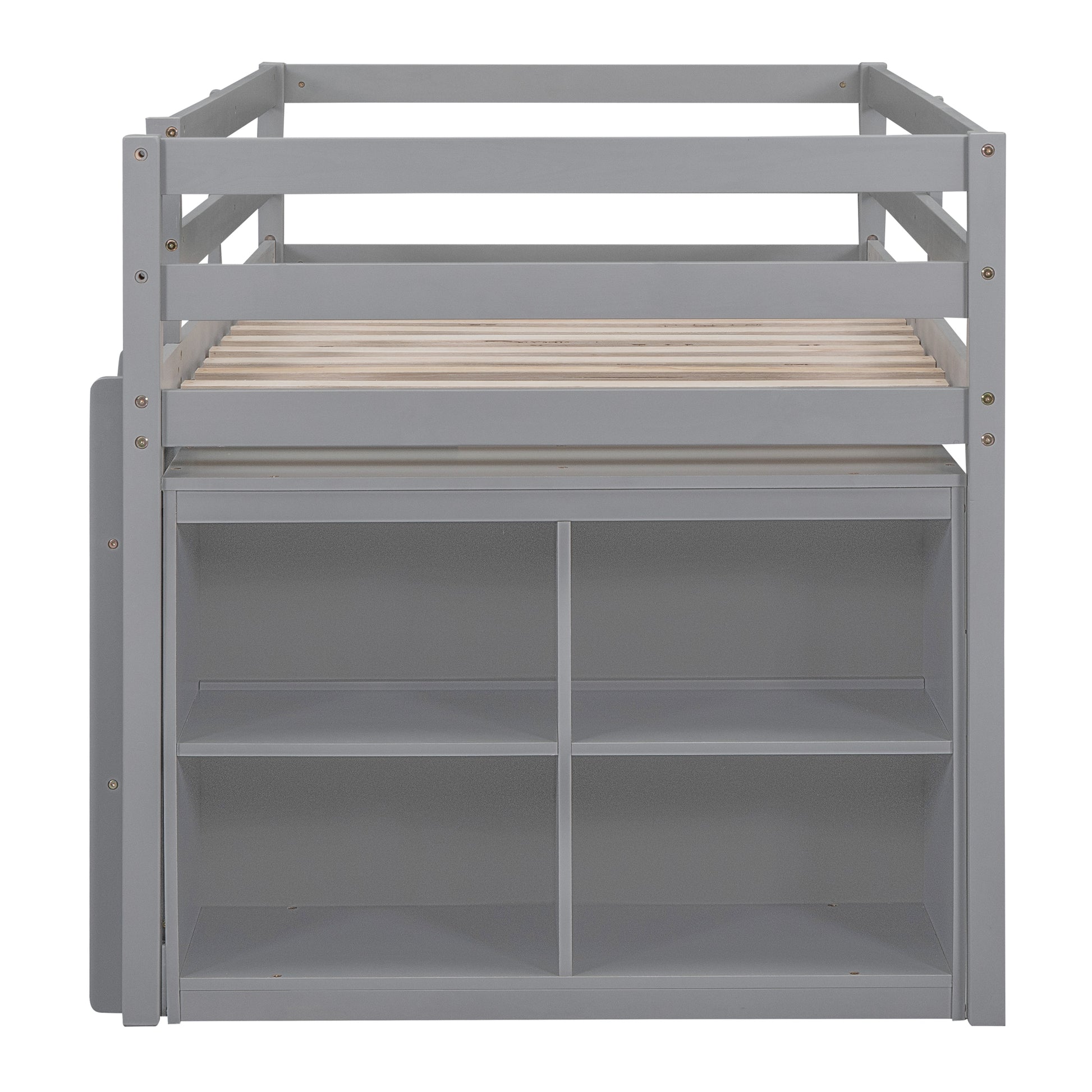 Twin Size Loft Bed with Retractable Writing Desk and 4 Drawers, Wooden Loft Bed with Lateral Portable Desk and Shelves, Gray image 7