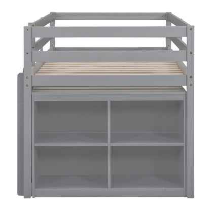 Twin Size Loft Bed with Retractable Writing Desk and 4 Drawers, Wooden Loft Bed with Lateral Portable Desk and Shelves, Gray image 7