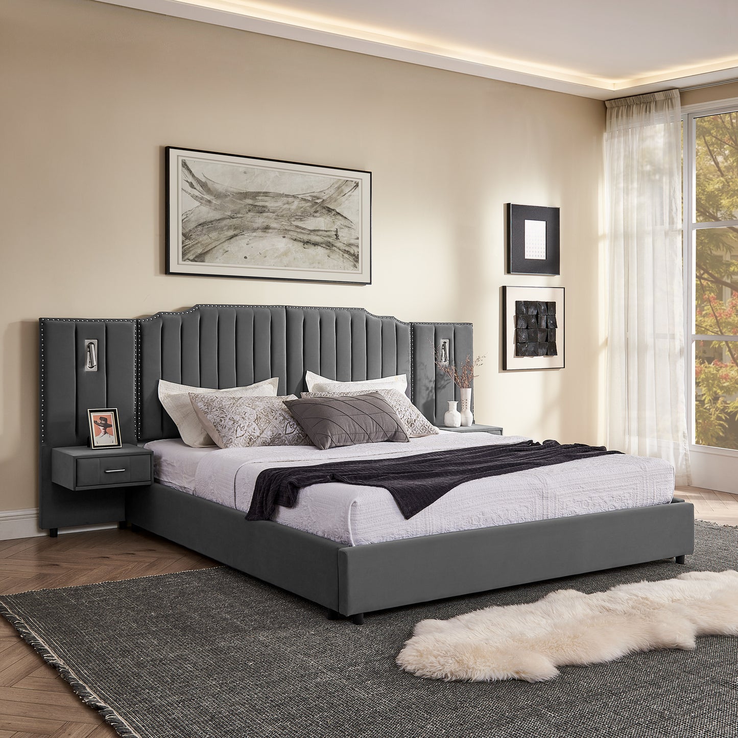 King Size Upholstered Bed Frame with Velvet Fabric, Vertical Stripe Design with Buttons Around King Size Platform Bed with Headboard, Solid Frame & Bedside Table - No Box Spring Needed-Gray image 2