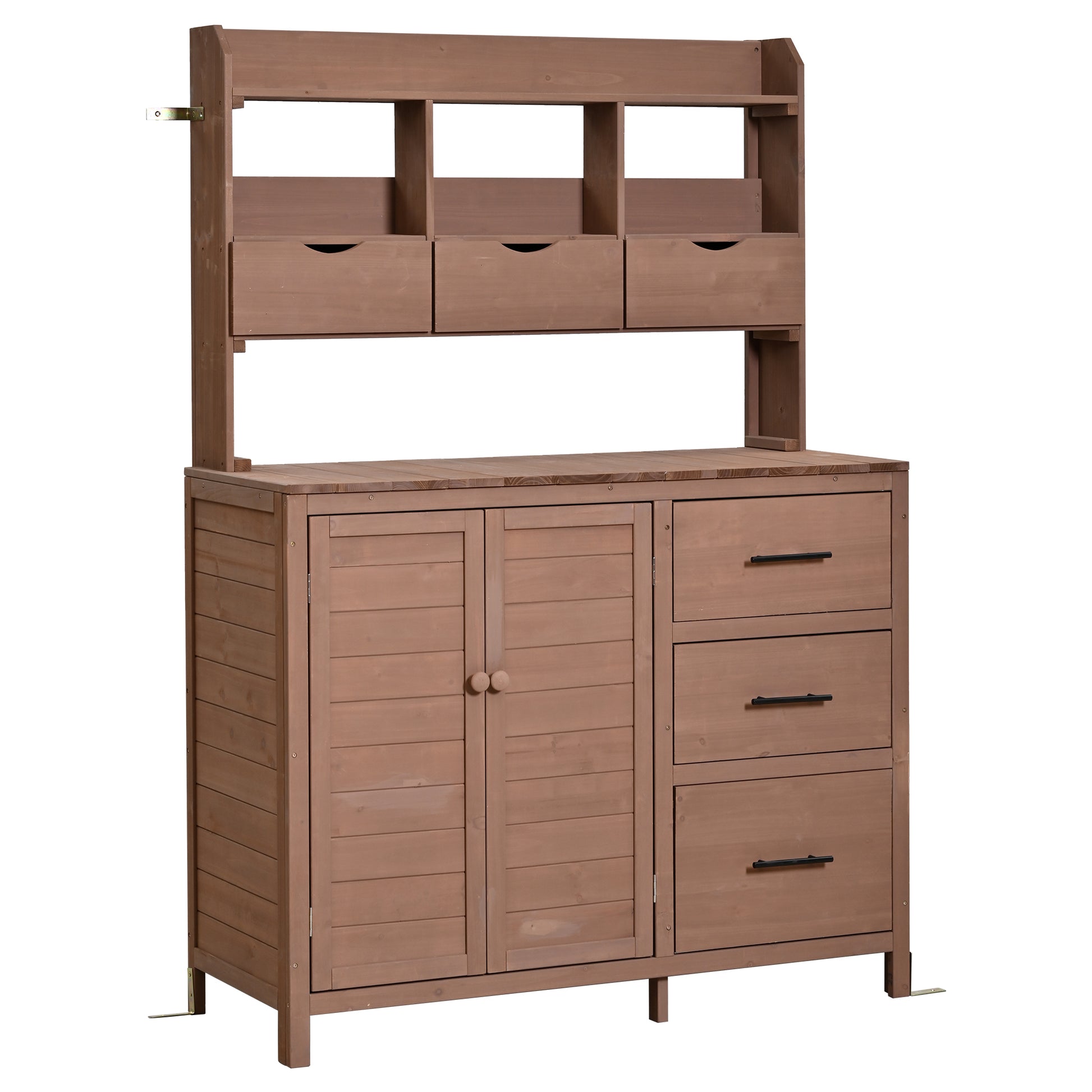 (With Assembly Video) TOPMAX Farmhouse Patio Potting Bench, 44.6''x19.5'' Large Freestanding Garden Workstation with 6 Drawers, Bottom Cabinet and Side Hook, Outdoor Kitchen Island, Brown image 11